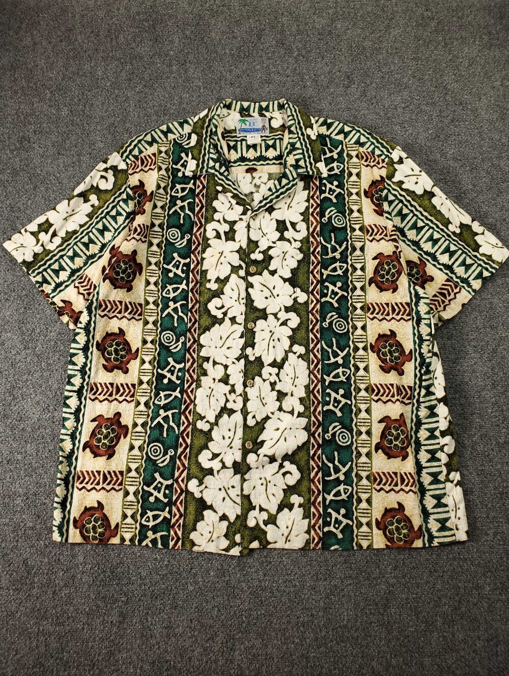Vintage 60s 70s RJC Barkcloth Hawaiian Shirt XL Floral Tapa Aloha Luau Tiki Camp